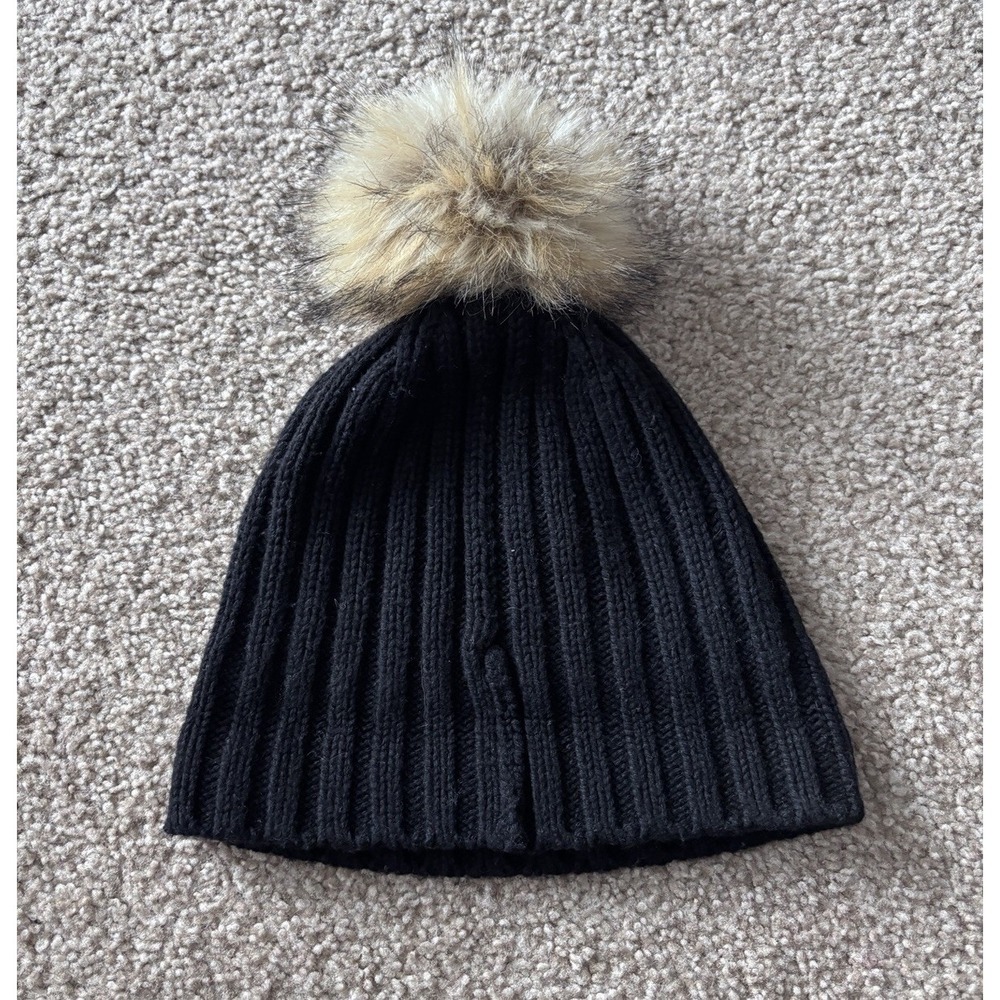 J Crew Womens One Size Black Ribbed Knit Hat‎ Faux Fur Pom Wool Blend Neutral